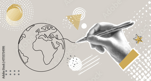 Trendy halftone collage. Hand draws a world globe map. Modern photo collage style. Vector illustration
