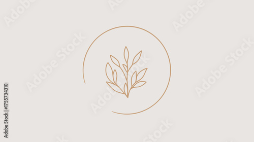 A minimalist brown line art of a plant branch within a circle