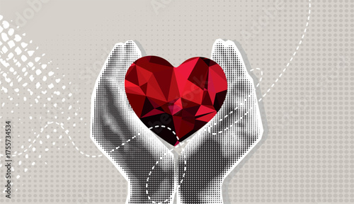 Halftone hands holding heart. Valentines day greeting card. Concept of love, charity, hope. World heart day banner