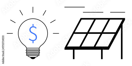 Light bulb emitting ideas with dollar sign and solar panel symbolize innovative energy solutions, renewable power, and cost efficiency. Ideal for sustainability, finance, eco-concepts, innovation