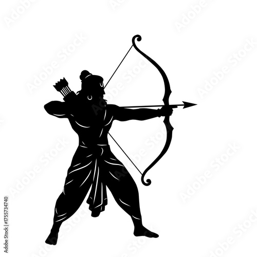 Silhouette illustration of Lord Rama holding a bow and arrow in traditional archer pose, representing cultural heritage and Hindu mythology art