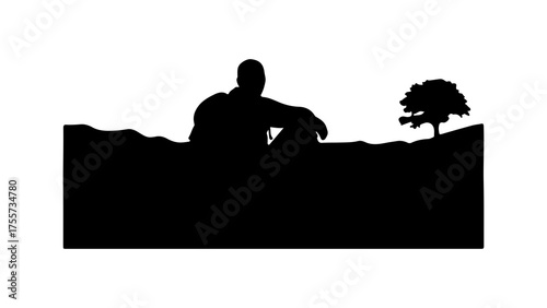 Man sitting on hill with lone tree with transparent background