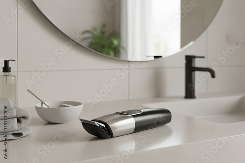 Electric beard trimmer on modern bathroom counter near round mirror and black faucet, minimalist grooming setup with soft natural light, men’s shaving and personal care concept