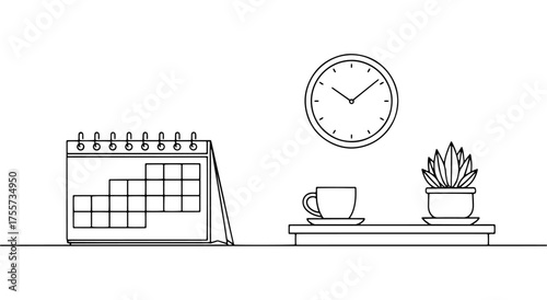 A set of office equipment icons—desk calendar, analog clock, coffee mug, and indoor plant. A stylish and simple vector illustration perfect for business project and deadline management.