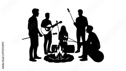 Friends around campfire with guitar and marshmallows