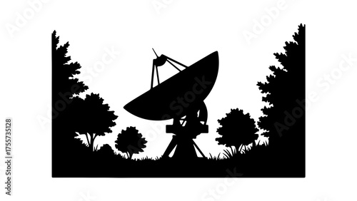 Radio telescope silhouette among trees