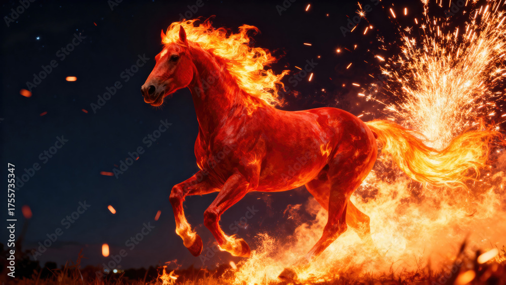 Obraz premium Fiery Horse Galloping Through the Night Sky, Symbolizing Power and Energy