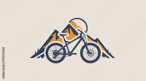 Silhouette of a mountain bike against a backdrop of jagged mountains and a sun