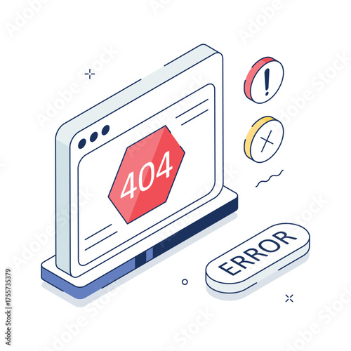 Modern isometric illustration showing a 404 page not found error for web design
