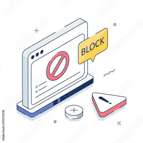 Modern isometric illustration of blocked website access showing restriction warning.