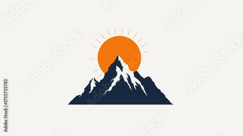 Silhouette of jagged mountains peaks against an orange sun with rays