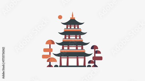 A stylized, multi-tiered pagoda is centered amidst abstract foliage and a distant sun