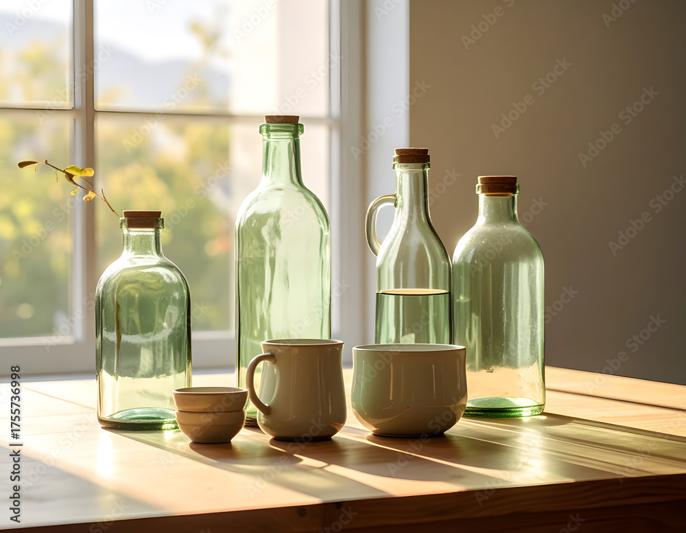 custom made wallpaper toronto digitalGlass bottles and ceramic cups arranged aesthetically on wooden table with sunlight, minimal eco-friendly composition