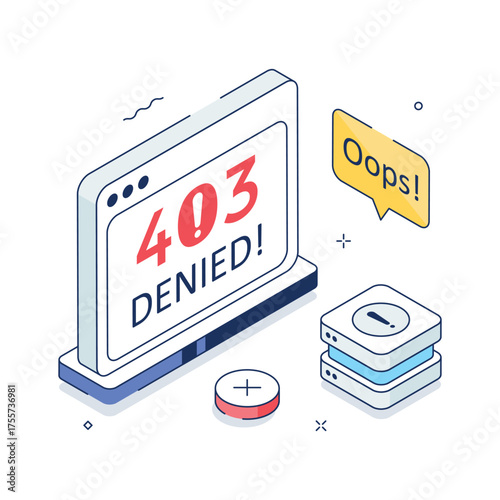3D isometric design of 403 forbidden page showing access denied warning.