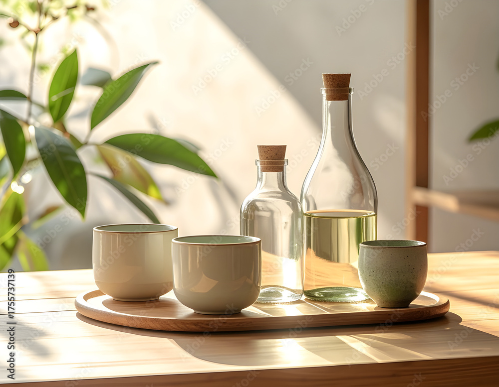 custom made wallpaper toronto digitalGlass bottles and ceramic cups arranged aesthetically on wooden table with sunlight, minimal eco-friendly composition
