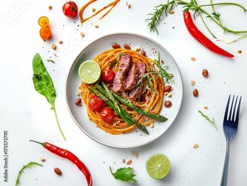 A gourmet plate of spaghetti with seared steak, cherry tomatoes, asparagus, and fresh herbs, garnished with lime slices and peanuts. The vibrant composition on a white background highlights.
