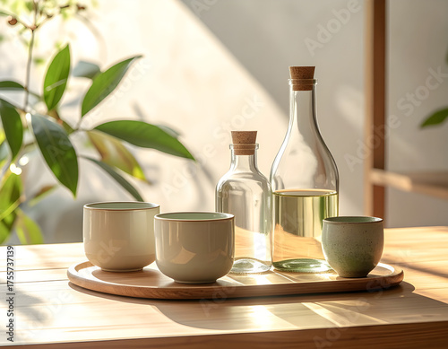 Wallpaper Mural Glass bottles and ceramic cups arranged aesthetically on wooden table with sunlight, minimal eco-friendly composition Torontodigital.ca