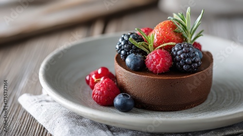 Decadent Chocolate Dessert Topped With Fresh Berries And Rosemary Sprig On A Rustic Wooden Table
