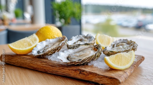 Fresh Oysters On Ice Served With Lemon Slices On A Wooden Platter In A Modern Restaurant