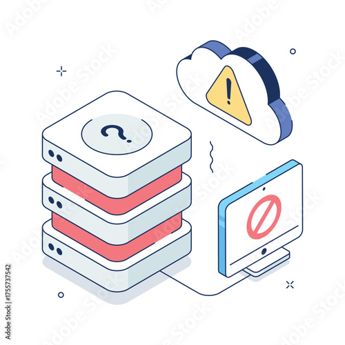 Isometric illustration showing cloud server issue or online backup failure.
