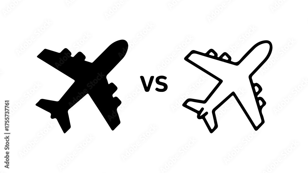 Obraz premium Airplane comparison with outline and solid fill with transparent background