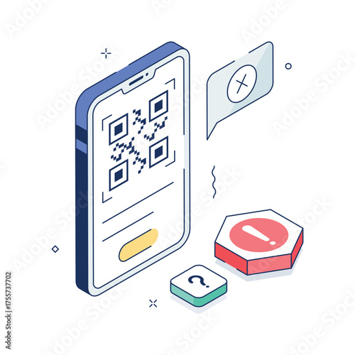 Isometric 3D QR code error illustration showing scan failure or invalid code.