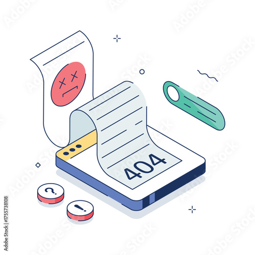 Modern isometric mobile screen showing 404 page not found error.