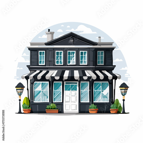Illustration of a two story building with awning and streetlights