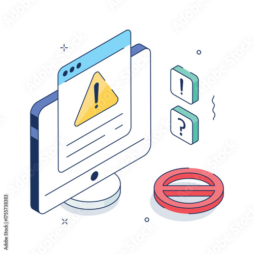 Isometric computer screen showing website alert and danger notification.