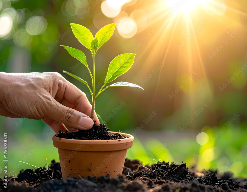 custom made wallpaper toronto digitalclose-up a Hand planting small tree in clay pot with soft morning sunlight, eco lifestyle. Symbolic shot of sustainability and personal connection to nature.