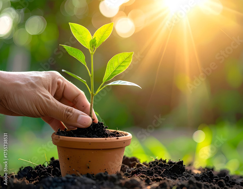 Wallpaper Mural close-up a Hand planting small tree in clay pot with soft morning sunlight, eco lifestyle. Symbolic shot of sustainability and personal connection to nature. Torontodigital.ca