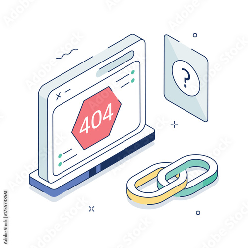 Creative 3D isometric design of 404 error with broken link concept.