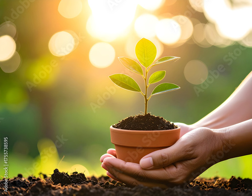 close-up a Hand planting small tree in clay pot with soft morning sunlight, eco lifestyle. Symbolic shot of sustainability and personal connection to nature.