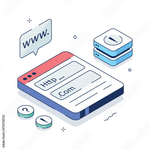 Isometric 3D domain not found illustration showing http error page.
