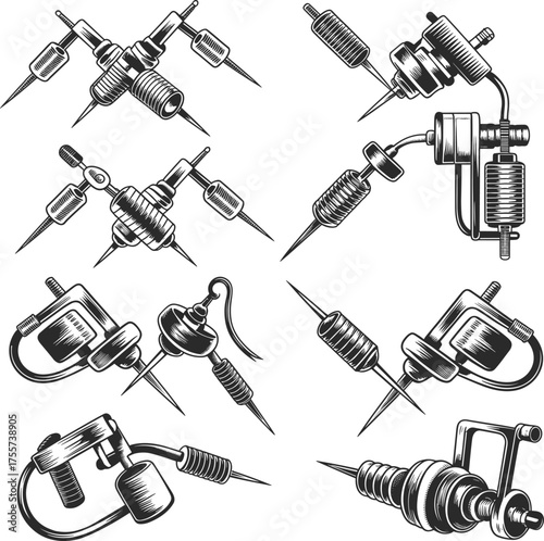 Black and white illustration collection of detailed tattoo machines and needles showcasing professional tattoo equipment and vintage engraving art style