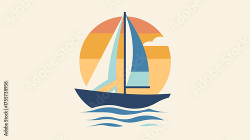 A sailboat glides across wavy water against a gradient sunset sky