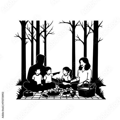 Family picnic in forest with trees
