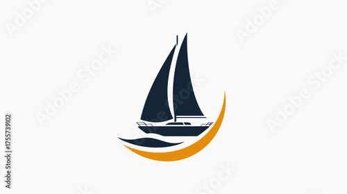Stylized dark blue sailboat with orange crescent wave on white background