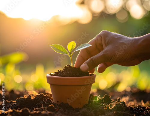 close-up a Hand planting small tree in clay pot with soft morning sunlight, eco lifestyle. Symbolic shot of sustainability and personal connection to nature.