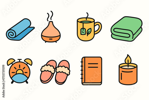 Essential relaxation icons: yoga mat, diffuser, tea, blanket, alarm clock, slippers, journal, candle