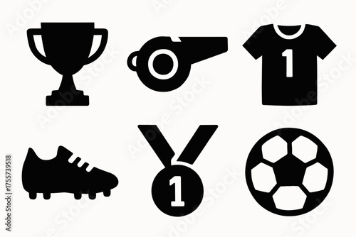 Black sports icons: trophy, whistle, jersey, cleat, medal, soccer ball
