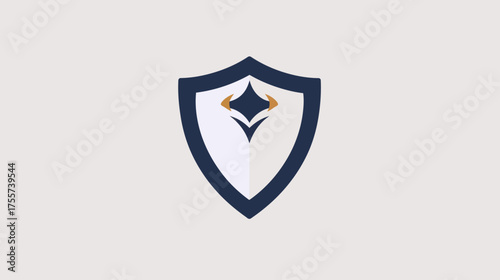 Minimalist shield with abstract design in navy, white, and gold accents