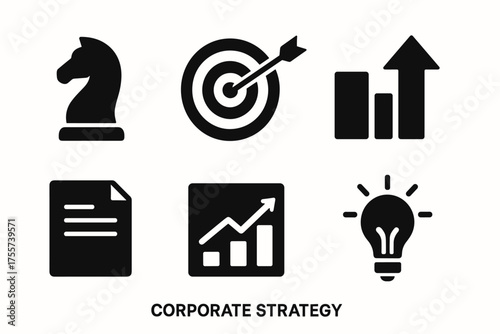 Corporate strategy icons featuring chess knight, target, graphs, document, lightbulb