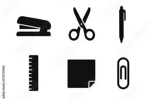 Minimalist office supplies icons: stapler, scissors, pen, ruler, sticky note, paper clip