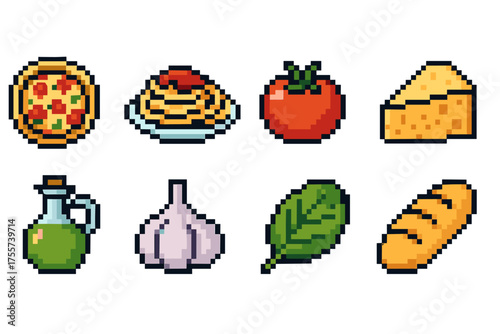 Pixel art food icons: pizza, pasta, tomato, cheese, olive oil, garlic, spinach, bread