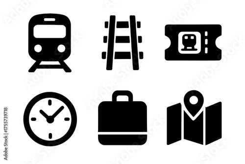 Train travel icons: ticket, rails, map, clock, luggage symbols