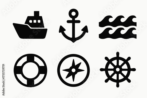 Nautical icons set: ship, anchor, waves, lifebuoy, compass, ship wheel