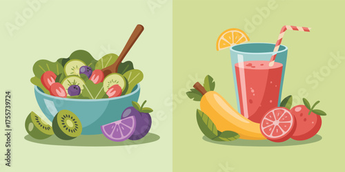 The image depicts two separate sets of healthy food items on a light green background