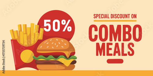 The image advertises a 50 discount on combo meals with burger fries and text on a tan background