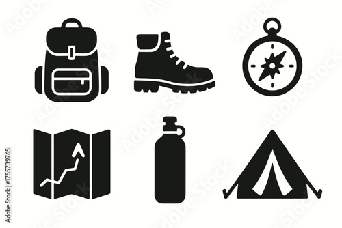 Camping icons: backpack, boot, compass, map, bottle, tent for outdoor adventures